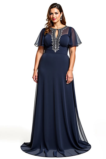 A Line Navy Boat Neck Keyhole Long Mother of the Bride Dress with Beading