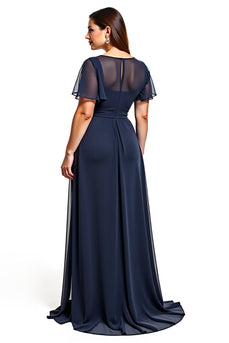 A Line Navy Boat Neck Keyhole Long Mother of the Bride Dress with Beading