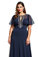 Load image into Gallery viewer, A Line Navy Boat Neck Keyhole Long Mother of the Bride Dress with Beading