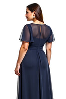Load image into Gallery viewer, A Line Navy Boat Neck Keyhole Long Mother of the Bride Dress with Beading