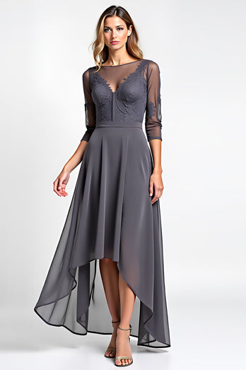 A Line Steel Grey Boat Neck High-Low Lace Mother of the Bride Dress with Sleeves