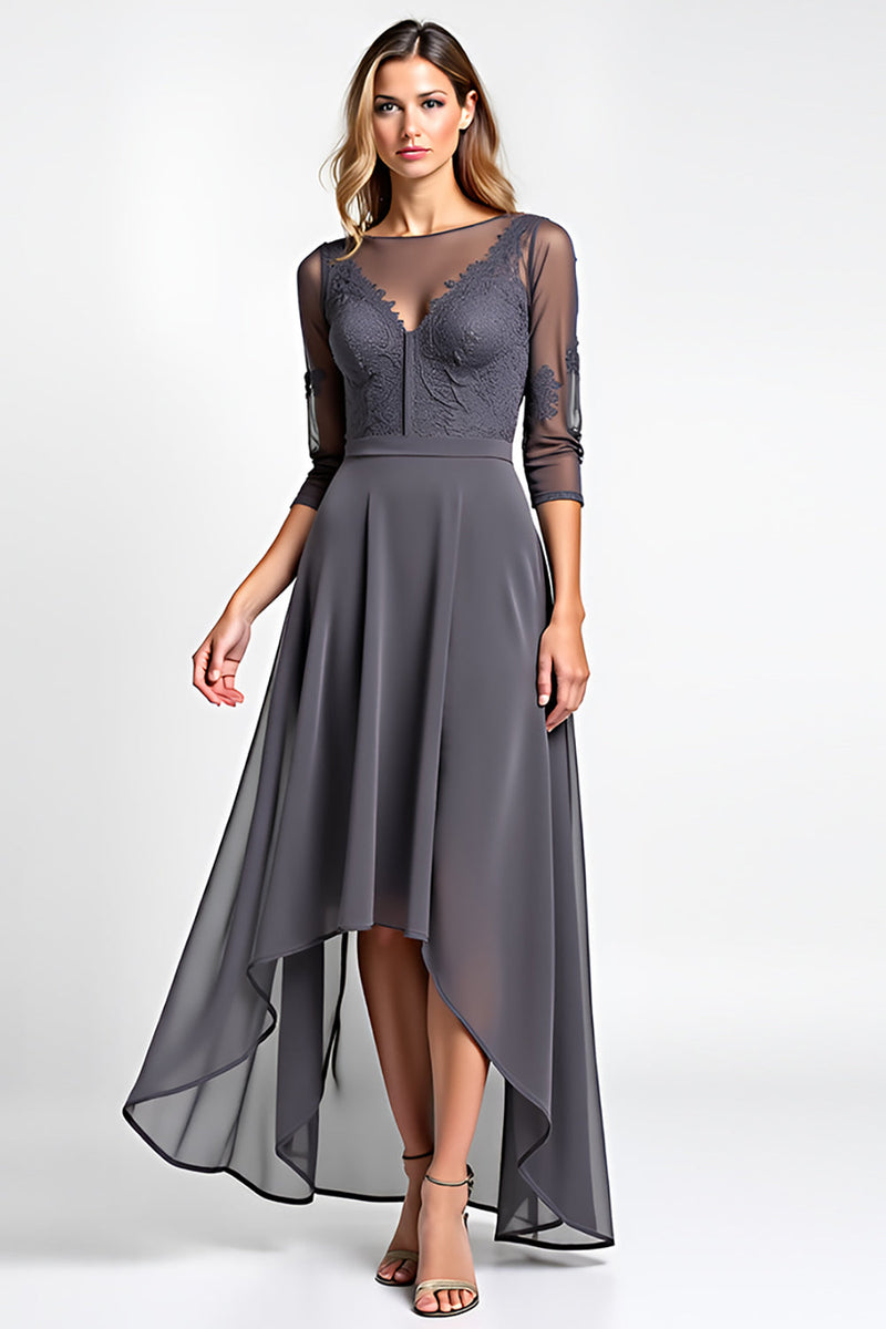 Load image into Gallery viewer, A Line Steel Grey Boat Neck High-Low Lace Mother of the Bride Dress with Sleeves