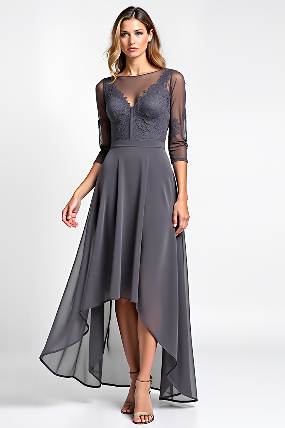 A Line Steel Grey Boat Neck High-Low Lace Mother of the Bride Dress with Sleeves