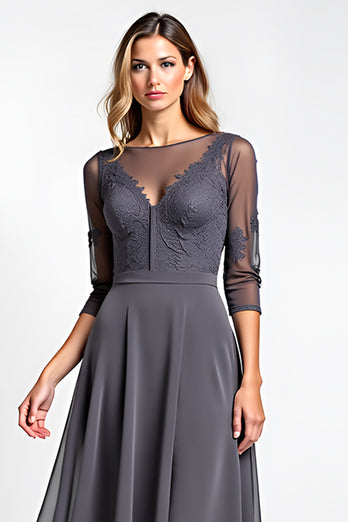 A Line Steel Grey Boat Neck High-Low Lace Mother of the Bride Dress with Sleeves