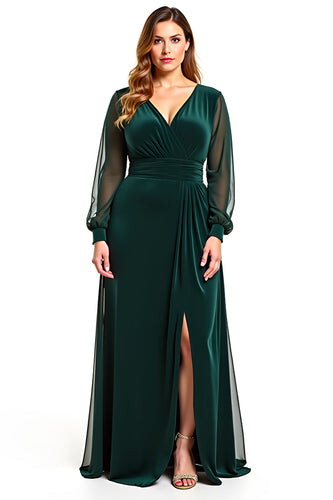 Pine A Line V-Neck Long Sleeves Mother of the Bride Dress with Slit
