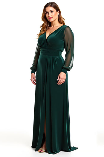Pine A Line V-Neck Long Sleeves Mother of the Bride Dress with Slit