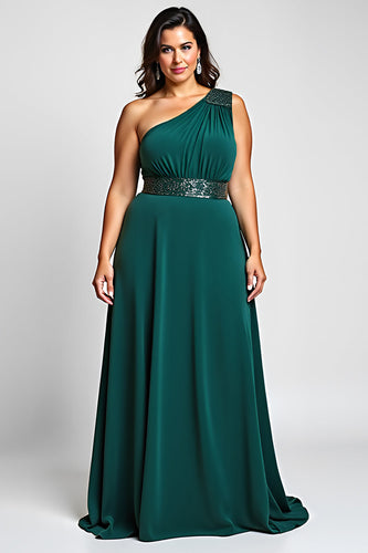 Dark Green A Line One Shoulder Backless Long Mother of the Bride Dress