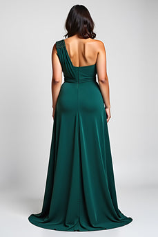 Dark Green A Line One Shoulder Backless Long Mother of the Bride Dress