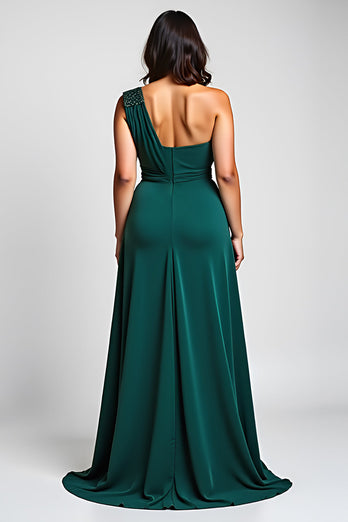 Dark Green A Line One Shoulder Backless Long Mother of the Bride Dress