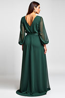 Load image into Gallery viewer, Dark Green A Line V-Neck Long Sleeve Mother of the Bride Dress With Slit