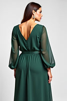 Load image into Gallery viewer, Dark Green A Line V-Neck Long Sleeve Mother of the Bride Dress With Slit