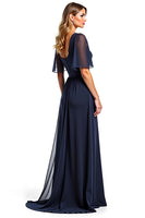Load image into Gallery viewer, Navy A Line V-Neck Chiffon Long Mother of the Bride Dress