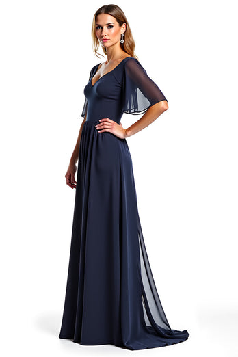 Navy A Line V-Neck Chiffon Long Mother of the Bride Dress