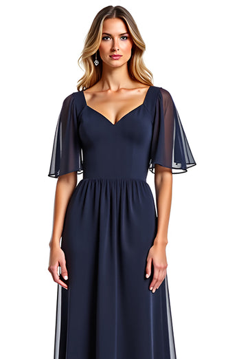 Navy A Line V-Neck Chiffon Long Mother of the Bride Dress