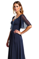 Load image into Gallery viewer, Navy A Line V-Neck Chiffon Long Mother of the Bride Dress