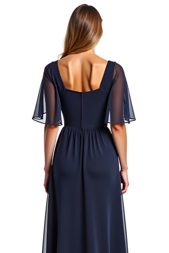 Navy A Line V-Neck Chiffon Long Mother of the Bride Dress