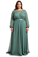 Load image into Gallery viewer, Eucalyptus Chiffon A Line Long Mother of the Bride Dress with Sleeves