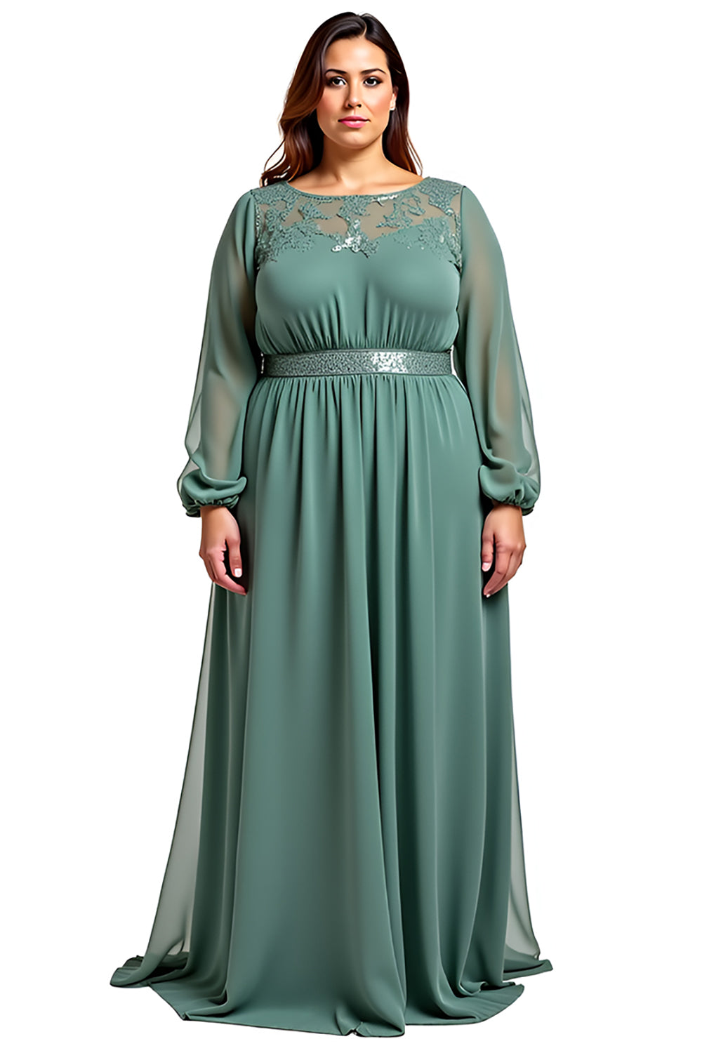 Eucalyptus Chiffon A Line Long Mother of the Bride Dress with Sleeves