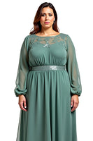 Load image into Gallery viewer, Eucalyptus Chiffon A Line Long Mother of the Bride Dress with Sleeves