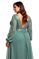 Load image into Gallery viewer, Eucalyptus Chiffon A Line Long Mother of the Bride Dress with Sleeves