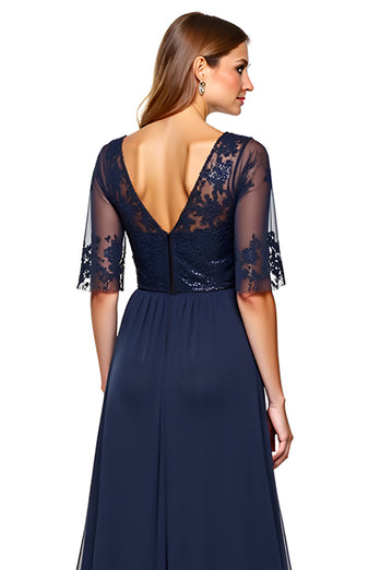 Navy A Line V-Neck Long Backless Mother of the Bride Dress with Sequins