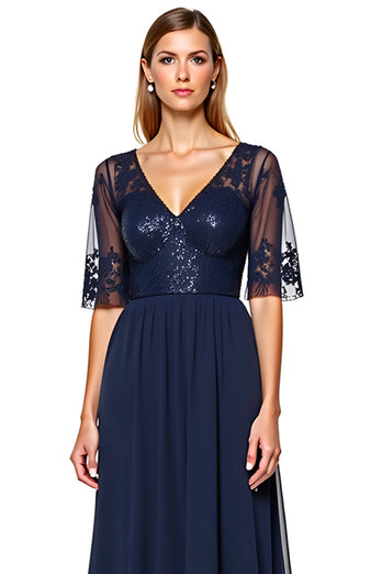 Navy A Line V-Neck Long Backless Mother of the Bride Dress with Sequins