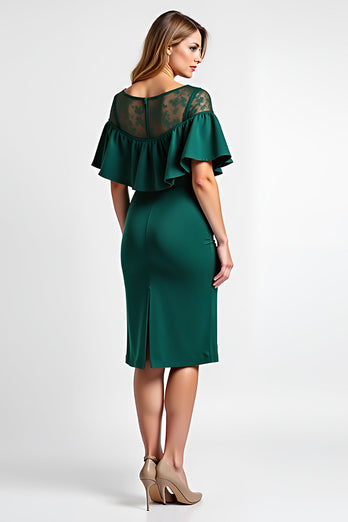 Dark Green Midi Boat Neck Ruffled Sleeve Mother of the Bride Dress with Lace