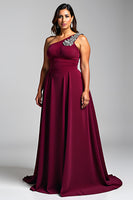 Load image into Gallery viewer, Burgundy One Shoulder A Line Long Chiffon Formal Dress with Beading