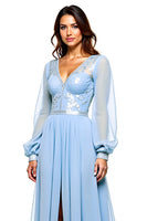 Load image into Gallery viewer, Sky Blue Long Chiffon Prom Dress with Long Sleeves