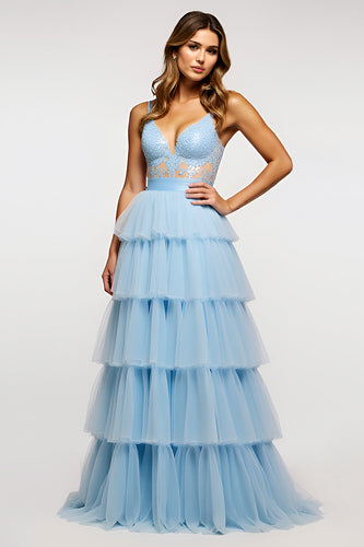Sky Blue Long Tiered Tulle Long Prom Dress with Appliques