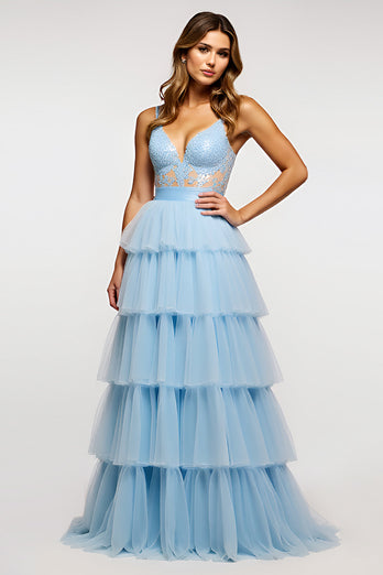 Sky Blue Long Tiered Tulle Long Prom Dress with Appliques