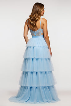 Sky Blue Long Tiered Tulle Long Prom Dress with Appliques