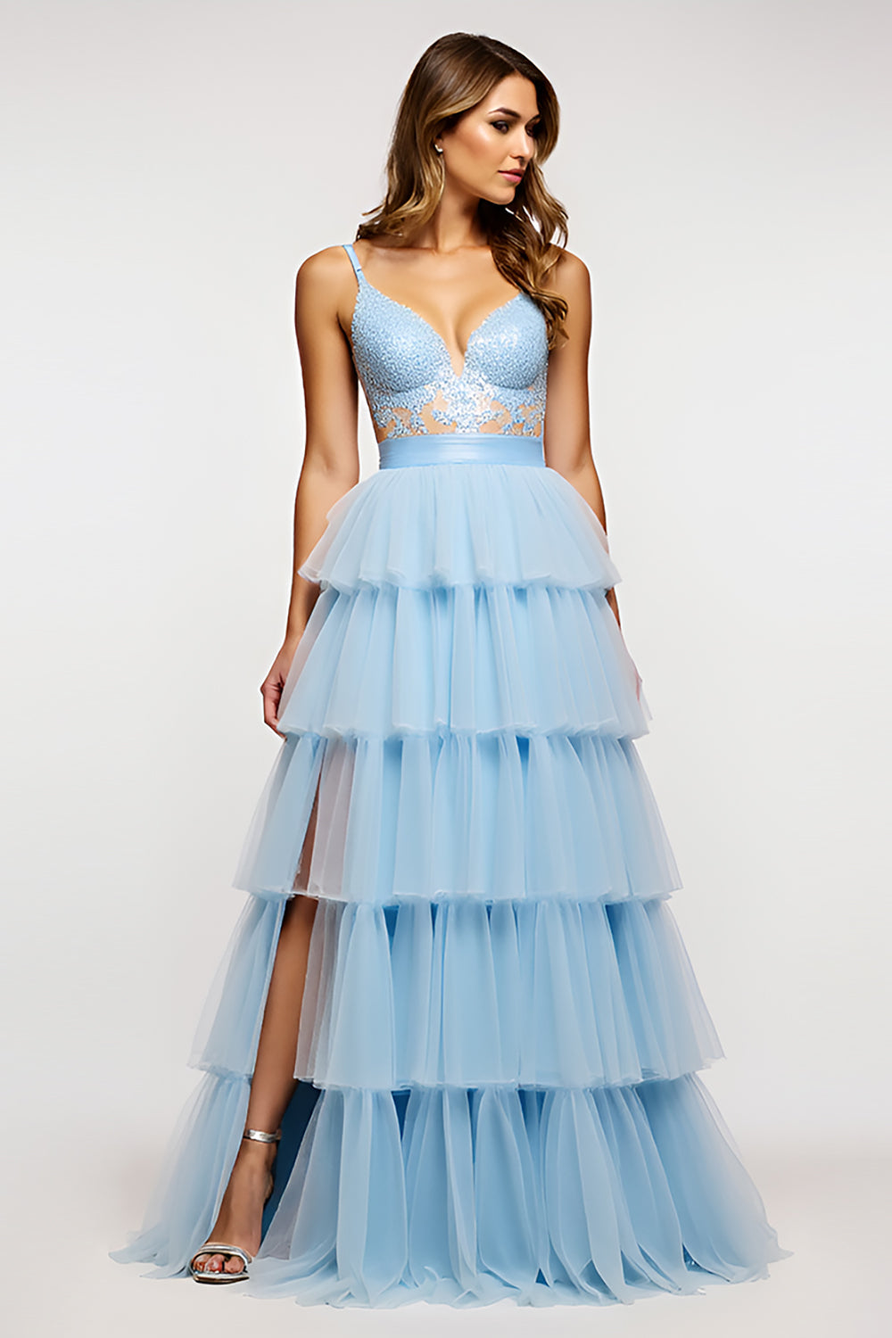Sky Blue Long Tiered Tulle Long Prom Dress with Appliques