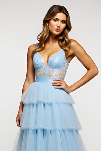 Sky Blue Long Tiered Tulle Long Prom Dress with Appliques