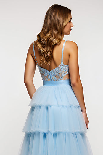 Sky Blue Long Tiered Tulle Long Prom Dress with Appliques