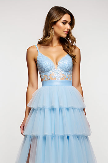 Sky Blue Long Tiered Tulle Long Prom Dress with Appliques