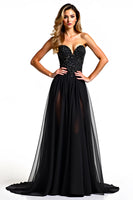 Load image into Gallery viewer, Black A Line Long Tulle Strapless Beaded Graduation Dress