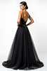 Load image into Gallery viewer, Black A Line Long Beaded Tulle V-Neck Graduation Dress
