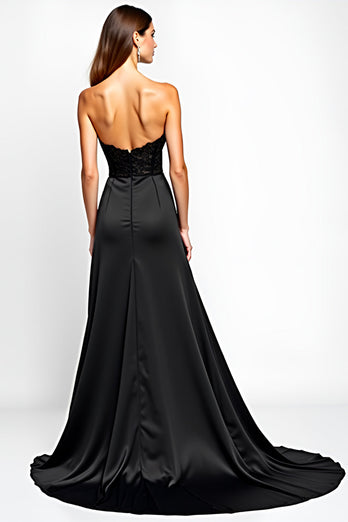 Black Strapless Corset Long Graduation Dress with Slit