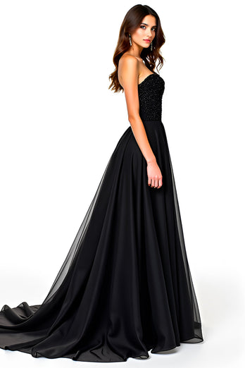 Black Sweetheart Tulle Deep V-Neck Long Graduation Dress