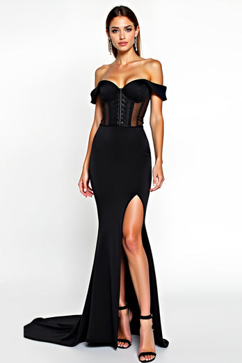 Black Mermaid Off the Shoulder Long Graduation Dress with Slit
