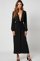 Load image into Gallery viewer, Women Black Long Chiffon Party Dress Long Sleeves Deep V-Neck Little Black Dress