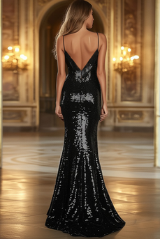 Sparkly Black Sequins Sheath Long Prom Dress with Slit