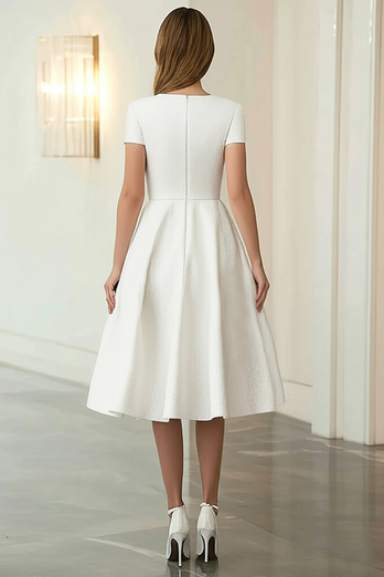 Ivory A Line Scoop Knee-Length Formal Dress with Short Sleeves