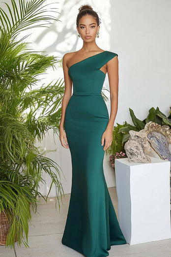 Dark Green Sheath One Shoulder Long Formal Dress