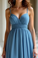 Load image into Gallery viewer, Blue Ruched A Line Long Prom Dress