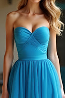 Load image into Gallery viewer, Ruched Blue A Line Strapless Long Prom Dress
