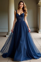 Load image into Gallery viewer, Navy Spaghetti Straps A Line Long Prom Dress
