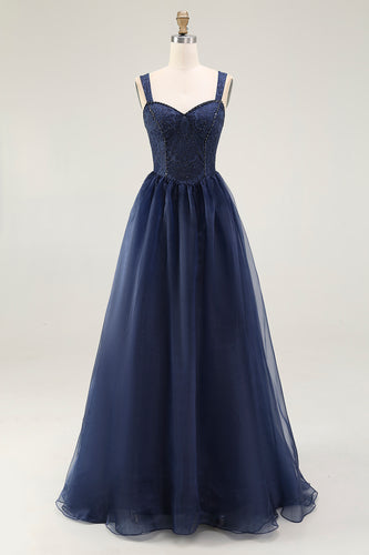 Navy A Line Spaghetti Straps Long Prom Dress