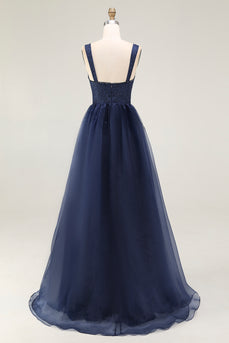 Navy A Line Spaghetti Straps Long Prom Dress